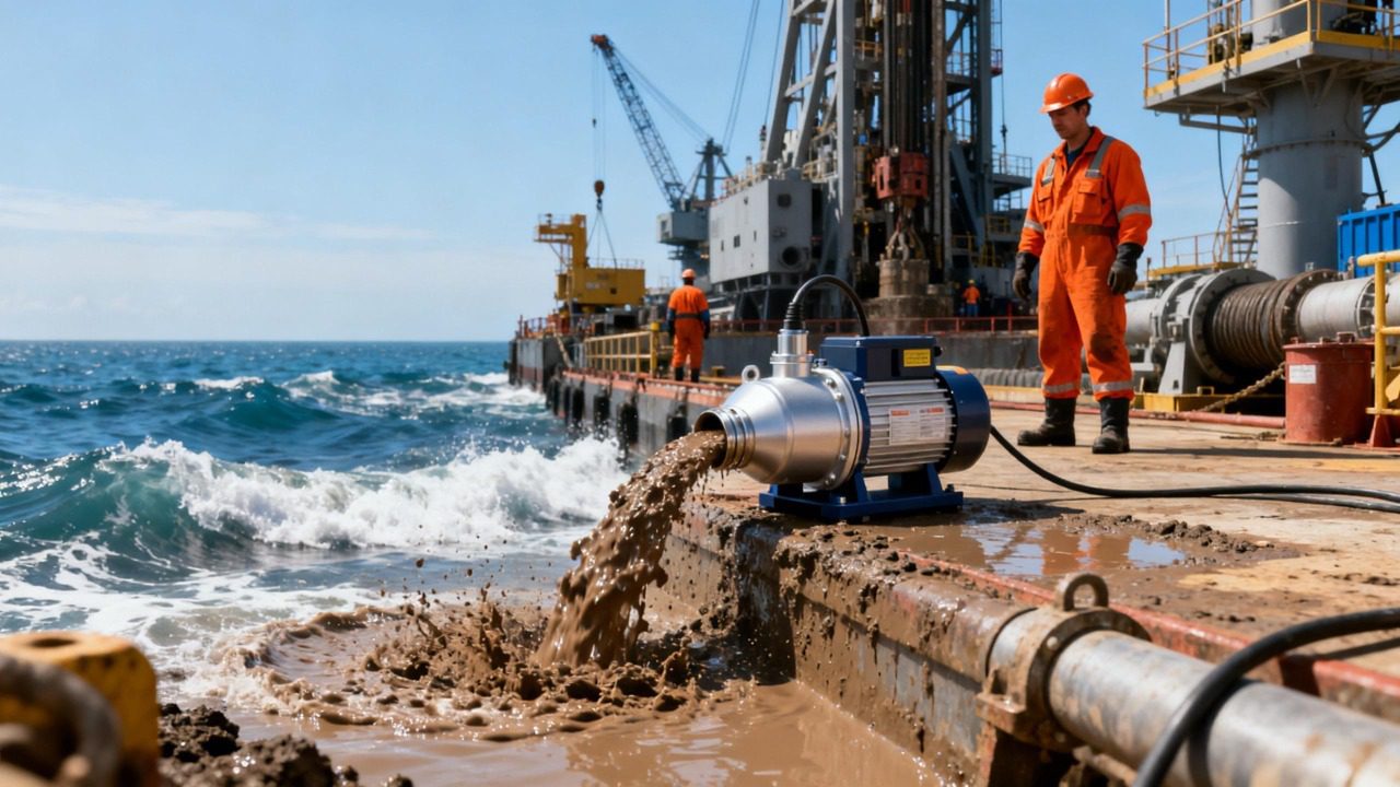 jimeng-2025-12-17-4774-海上钻井平台上的小型潜水泵正在运行，泵体相对较小，正在处理泥浆和矿浆，可见泥浆从...